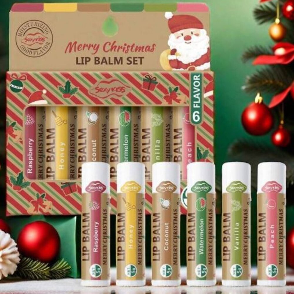 NEW Women's Sexy Kiss Lip Balm Set of 6 Merry Christmas Moisturizing Good Flavor